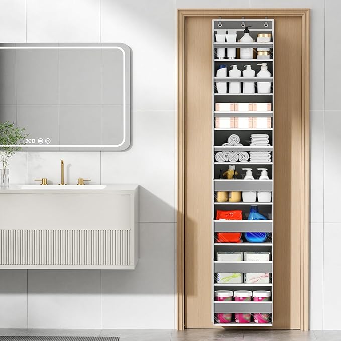 Over The Door Organizer, 7 Tier Door Hanging Organizers with 7 Large Pockets 12 Side Pockets, Behind Door Storage Hanging Shelves for Closet Bathroom Bedroom Nursery