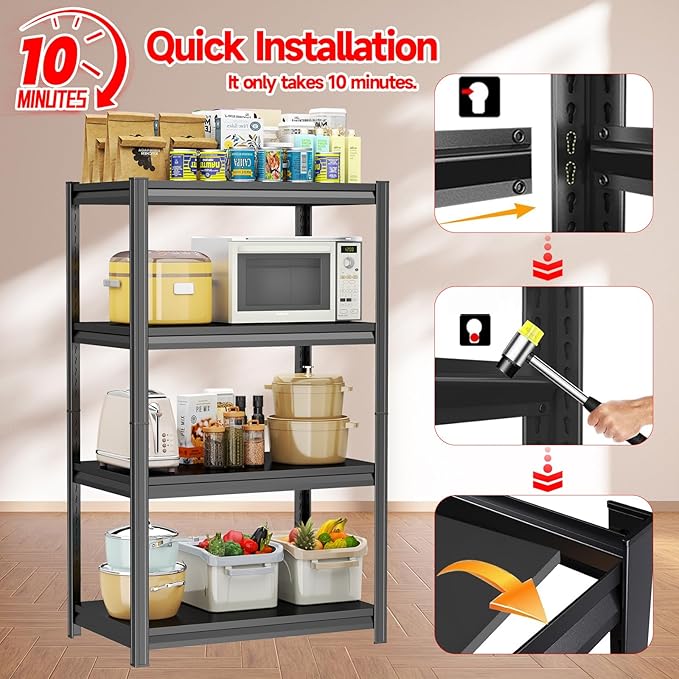 Kitchen Shelves, Adjustable Height Kitchen Shelving Unit, 1600Ibs Heavy Duty Storage Shelves, Kitchen Shelf Organizer, Ideal for Pantry, and Garage Storage Solutions, 23.6"Wx13.8"Dx54"H, Black