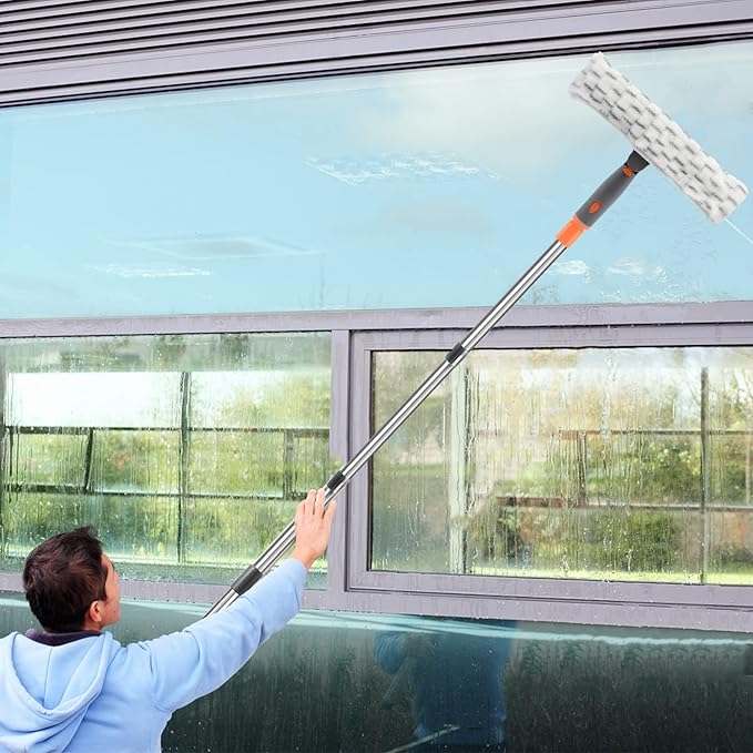Window Cleaner Tool with Long Handle, BITOPE 60" Shower Squeegee for Window Cleaning with Telescopic Pole, 12" Squeegee & 10" Microfiber Cleaning Pads Kit for Glass Door Car Mirror