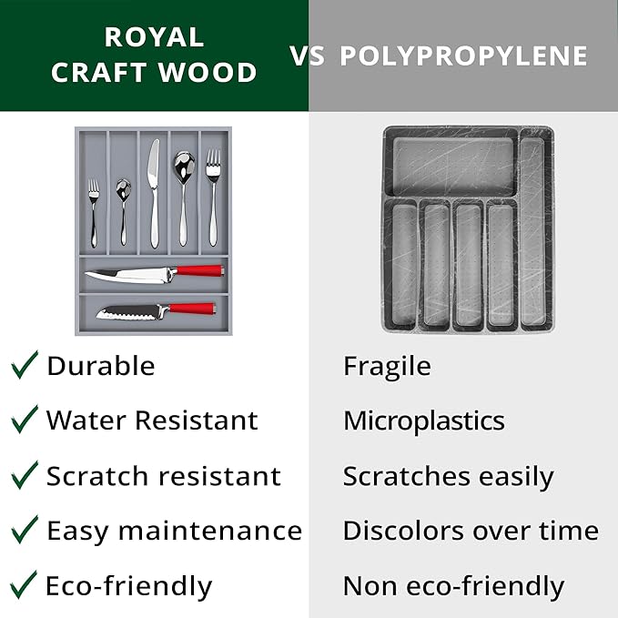 ROYAL CRAFT WOOD Luxury Bamboo Kitchen Drawer Organizer - Silverware Organizer - Utensil Holder and Cutlery Tray with Grooved Drawer Dividers for Flatware and Kitchen Utensils (7 Slot, Gray)