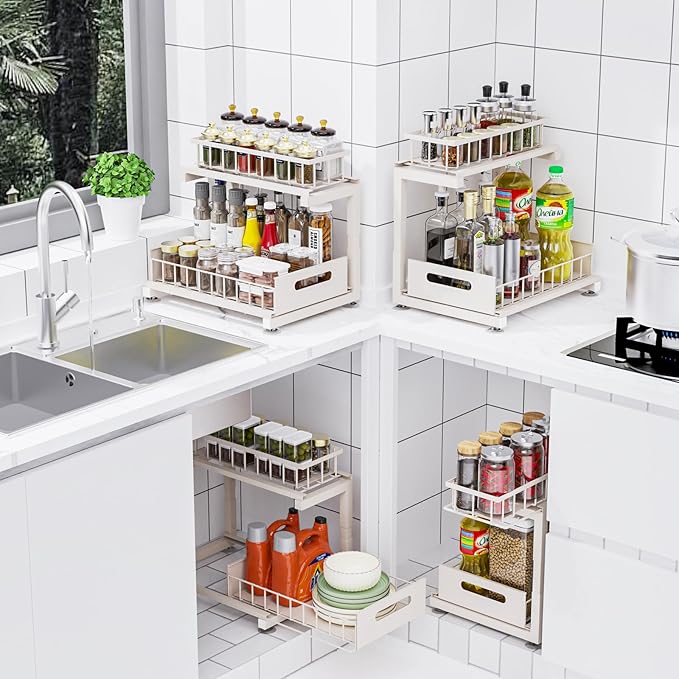 2 Pack Under Sink Organizer, 2-Tier Heavy Duty Metal Pull Out Cabinet Organizer Slide Out Sink Shelf Organizer Height Adjustable, Multi-Purpose Storage Shelf for Kitchen Bathroom (Sand, 2 Pack)