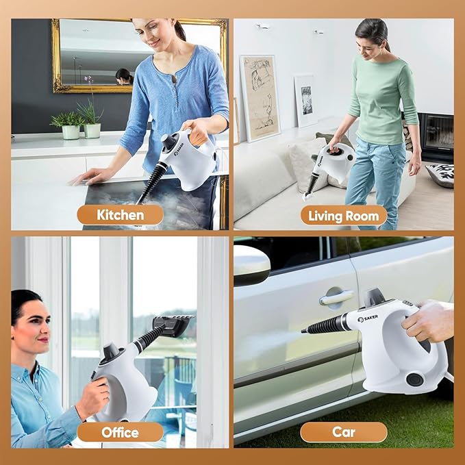 Saker Handheld Steam Cleaner,Portable Steam Cleaner for Home,Powerful 1050W Steam Cleaner Set,Includes 8 Attachments and 5 Fiber Cloths for Quick Heating & Deep Cleaning of Floors, Cars, and Kitchen