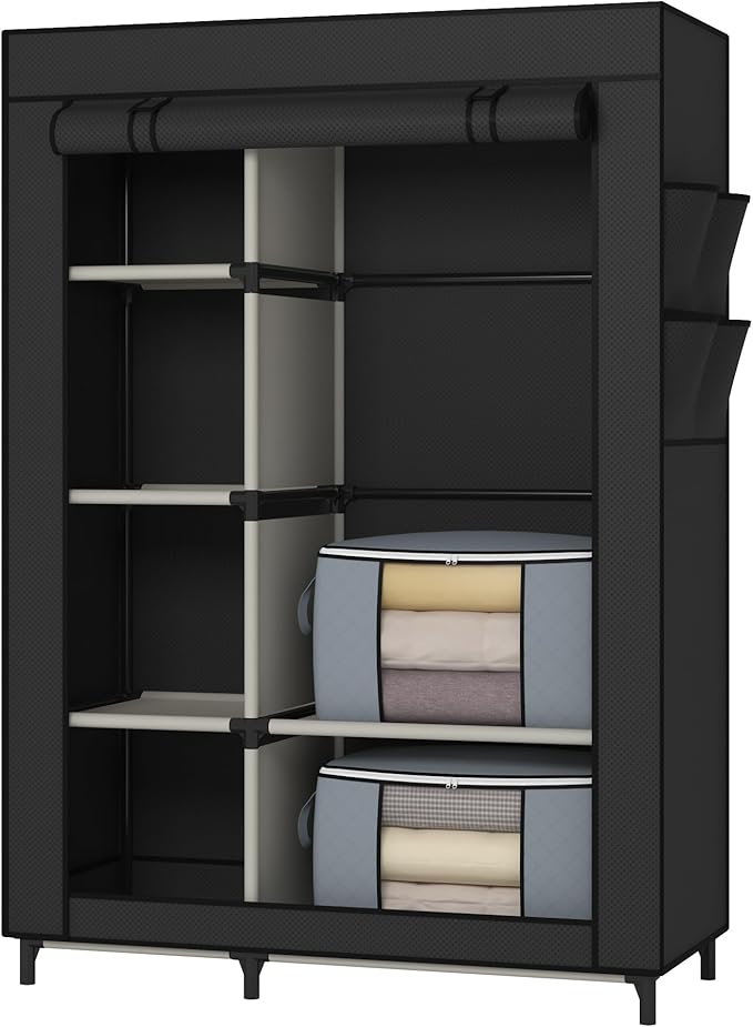 Calmootey Portable Closet, Wardrobe with 6 Shelves and Hanging Rod, Storage Organizer for Bedroom, Non-Woven Fabric Cover with 4 Side Pockets, Includes 2 Storage Bags for Clothes, Black