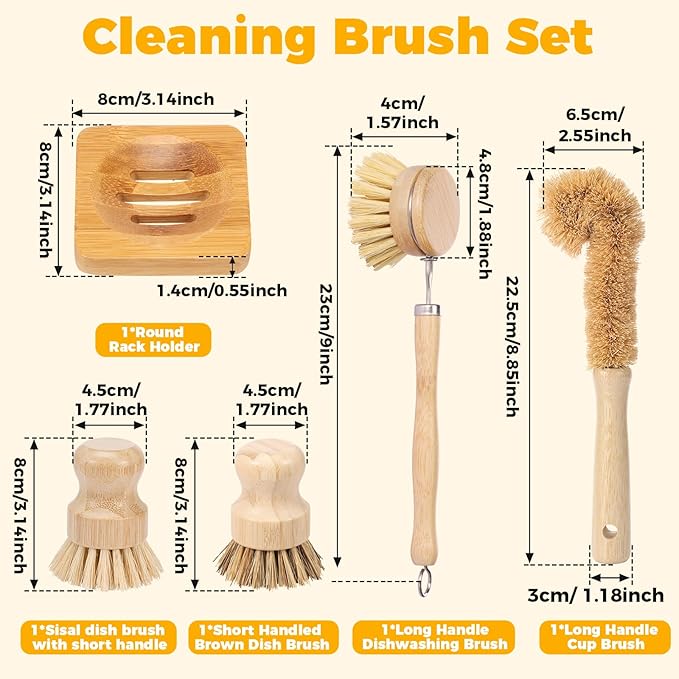 5 Pcs Bamboo Dish Brush Set Practical Dish Cleaning Brush Set Multifunctional Dish Washing Brush Set Ergonomic Kitchen Brush Set for Kitchen Cleaning Pots Pans Dishes