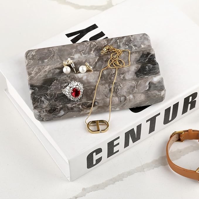 Marble Soap Dish, Bar Soap Holder Shower, Brown Soaps Saver with Water Ripple Design, Easy Cleaning Stone Sponge Holder for Kitchen Sink，Bathroom, Executive Natural Stone Soap Tray