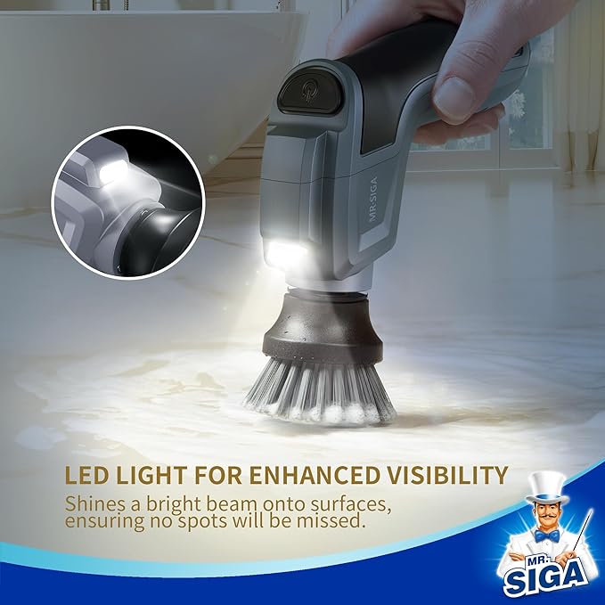 MR.SIGA Electric Spin Scrubber for Kitchen and Bathroom Cleaning, Waterproof Rechargeable Cordless Spin Scrubber with 5 Replaceable Cleaning Brushes and Pads