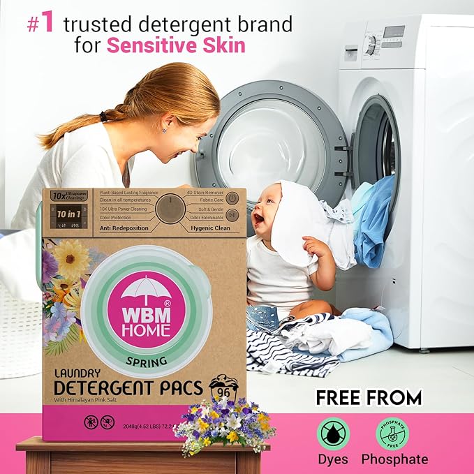 WBM Home Laundry Detergent Pods, Spring Fragrance Scent, 96 Count - HE Concentrated Laundry Pods With 10x Ultrapower Cleaning and 4D Laundry Stain Remover