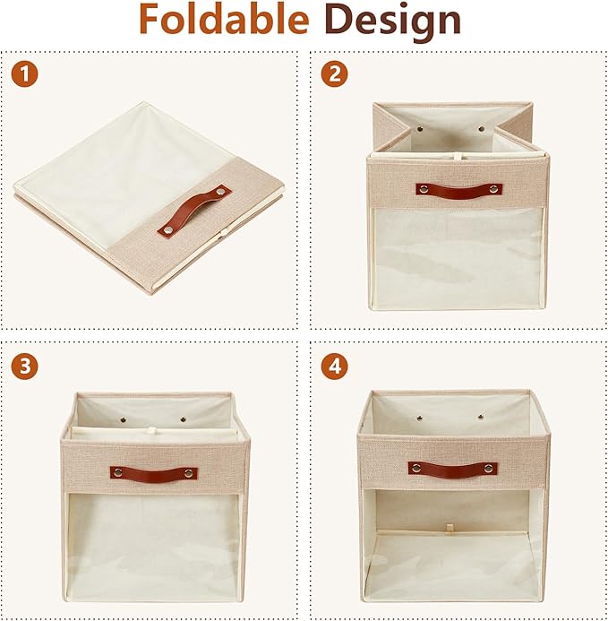 Storage Cube Organizer with Clear Window, Linen Collapsible Storage Boxes with PU Handles, Cube Storage Bins for Shelf, Closet, Cabinet, Bookcase (13x13x13, Khaki)