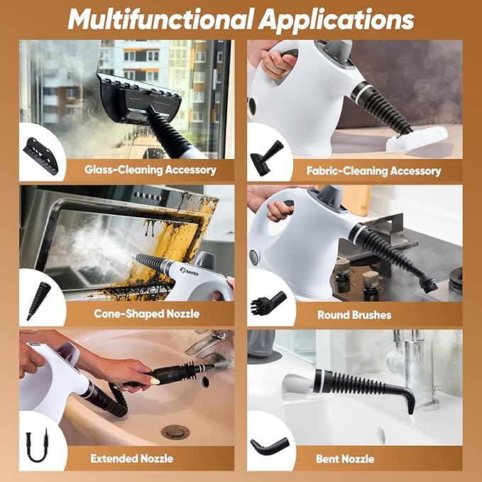 Saker Handheld Steam Cleaner,Portable Steam Cleaner for Home,Powerful 1050W Steam Cleaner Set,Includes 8 Attachments and 5 Fiber Cloths for Quick Heating & Deep Cleaning of Floors, Cars, and Kitchen