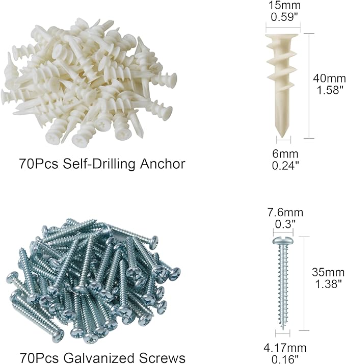 KURUI Wall Hanging Kit for Wall Art Decor Frame Curtain Rods, 140Pcs Heavy Duty Drywall Anchors Substitute Picture Hanging Nails, 70 Dry Wall Anchor and 70 8 x 1-1/4'' Screws, 75Lb Picture Hangers