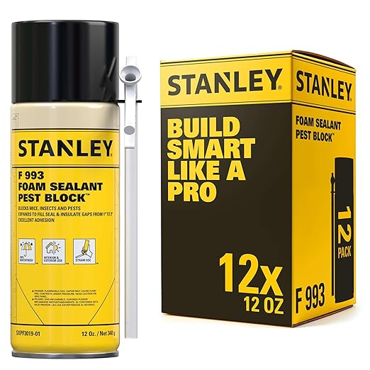 Stanley F993 Expanding Foam Sealant Spray – (12x12oz) Gaps & Cracks Filler, PestBlocker for Indoor/Outdoor Use – Paintable, Waterproof, Polyurethane Insulation Foam with Straw Applicator | 12 Pack