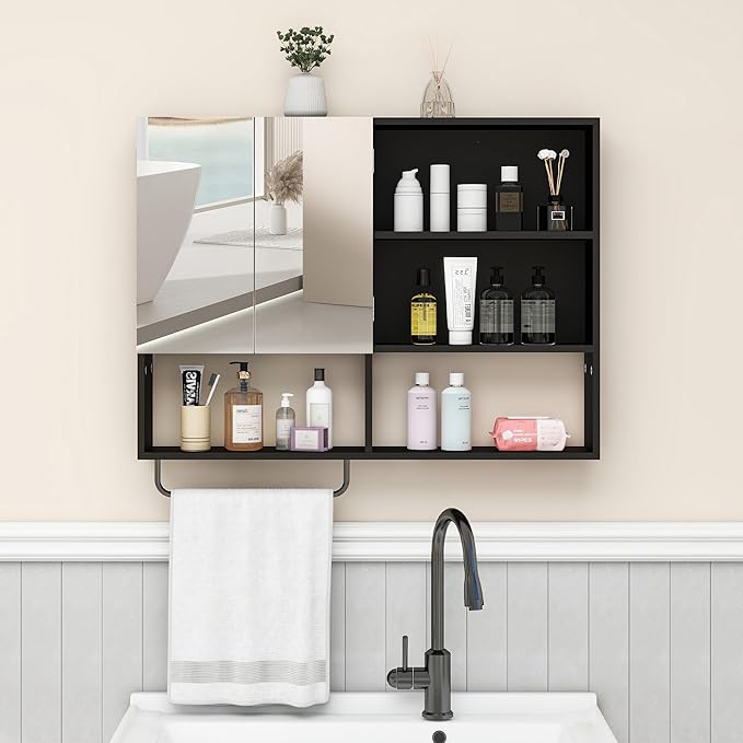 Wooden Bathroom Organizers, Over The Toilet Storage Cabinet with 2 Doors, Adjustable Shelves & Towel Bar, Wall Mounted Medicine Cabinet for Laundry with Mirror, Black