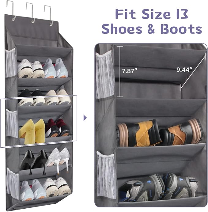 Over the Door Shoe Rack Organizer Hanging Fits 12 Pairs Shoes with 6 Mesh Pockets 6 Deep Large Pockets 50lbs Weight Capacity Behind the Door Storage Organizers for Closet Narrow Door 1 Pack