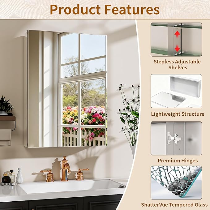 BEAUTYPEAK Bathroom Medicine Cabinet Mirror with Storage, 16 Inch x 24 Inch Silver Medicine Cabinet with Single Door & Adjustable Shelves for Vanity, Tempered, Aluminum Surface, Wall-mount or Recessed