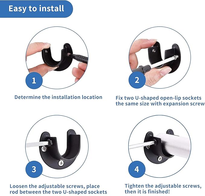 Rise Age Stainless Steel Closet Rod Brackets, 1 Inch Diameter Support 2 Pcs, Heavy Duty Curtain Rod Holder, Black End Support With Screws