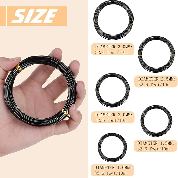 10 Rolls Bonsai Wires Anodized Aluminum Bonsai Training Wire in 5 Sizes - 1.0 mm, 1.5 mm, 2.0 mm, 2.5 mm, 3.0 mm, Total 164 Feet (Black)