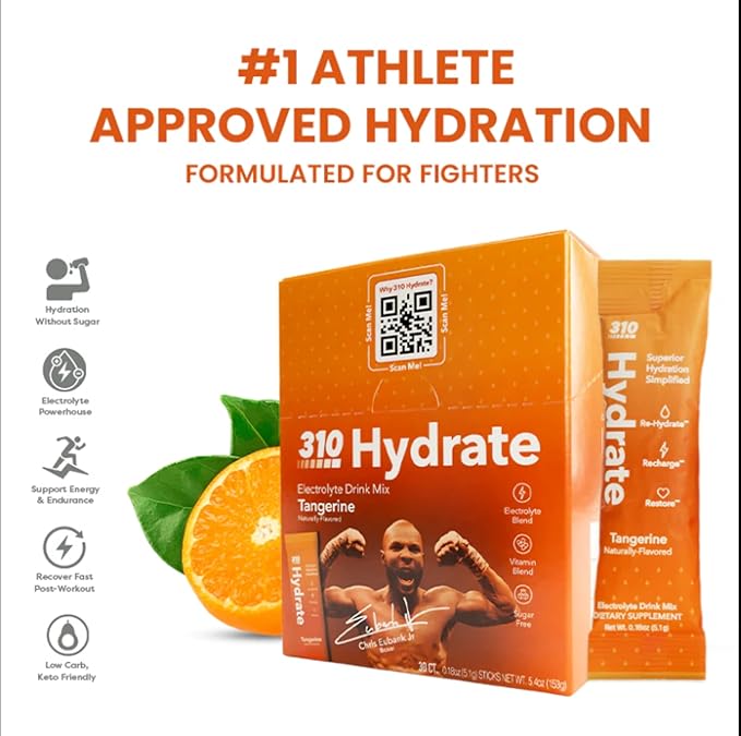 310 Nutrition Sugar Free Electrolytes Powder - Instant Hydration Packets Chris Eubank Jr. Edition - Caffeine-Free Rehydration Drink Mix w/Vitamin, Low Calorie & Keto Friendly - Tangerine 30 Singles