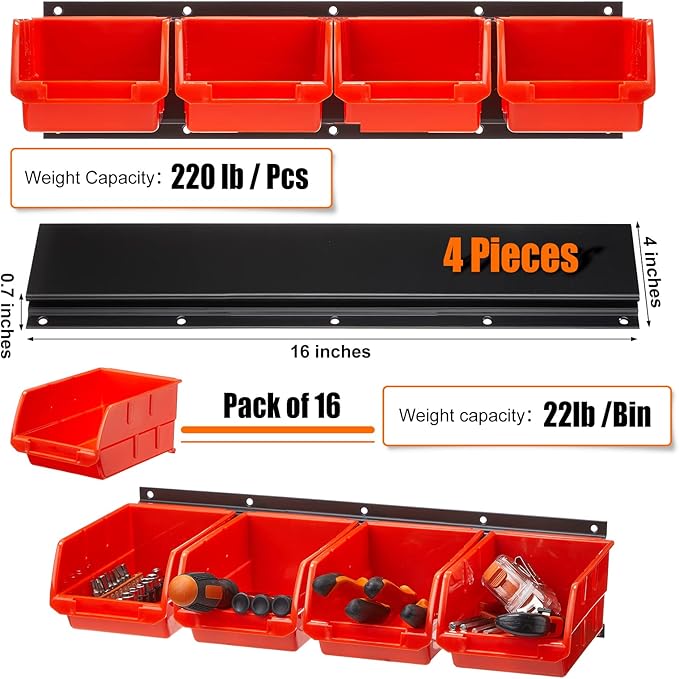 Maitys Wall Mounted Storage Bins Plastic Hanging Stackable Storage Parts Garage Tool Organizer for Screws, Nuts, Bolts, Nails, and Small Hardware Parts, 16x Bins & 4 x Rails(Orange)