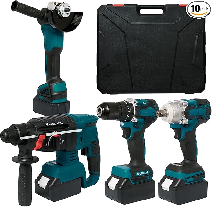 4 Sets Cordless Tools Combo Kit Set SELFIE CAT Drill and Impact Driver Combo High Torque Electric Tools Kit Hammer/Angle Grinder/Impact Wrench/Drill Impact Drill Set With 4 Batteries and 2 Chargers