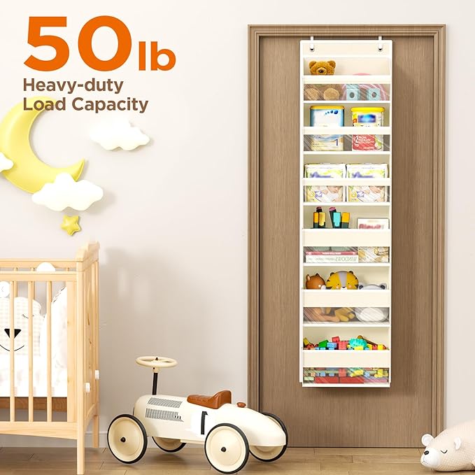 Over The Door Organizer, 6 Shelf Door Hanging Organizers with 6 Large Capacity Pockets, Behind Door Storage Hanging Shelves for Closet Wall Bathroom Bedroom Nursery