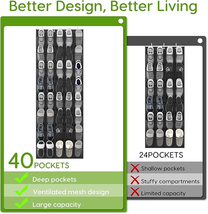 Unjumbly Over the Door Shoe Organizer with 40 Large Breathable Mesh Pockets, Space Saving Shoe Holder, Hanging Shoe Rack for Entryway Bedroom Closet Storage (Black, 40 Pockets)
