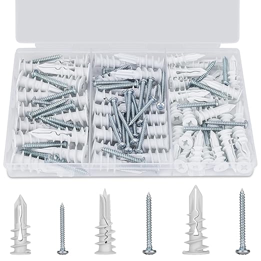 Self Drilling Drywall Anchors, 3 Size 114PCS Heavy Duty Dry Wall Anchors and Screws Kit for Hanging Sheetrock, 57 Self-Tapping Plastic Drywall Hangers and 57 Sheet Rock Screws-50/75/95 Lbs