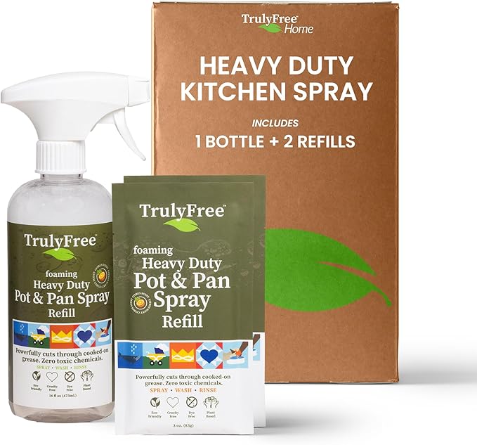 Heavy Duty Pot & Pan Spray - Powerful Foaming Grease Remover, Multi-Purpose Kitchen Cleaner Spray Degreaser for Oven, Stoves, Grill & More, Citrus Scent - Includes 1 Empty Bottle & 2 Refill