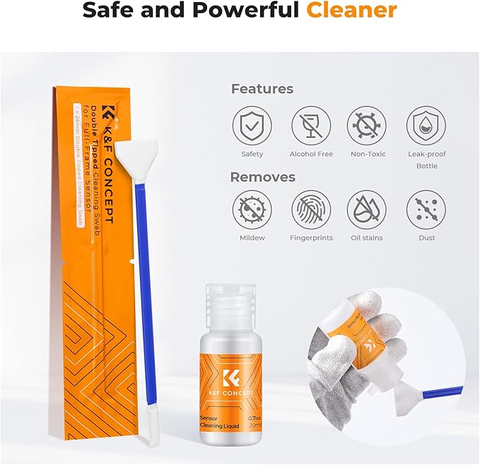 K&F Concept 2-1 24mm Full Frame Sensor Cleaning Swab, Viewfinder Cleaning Swab, with 20ml Sensor Cleaner, DSLR Digital Camera CMOS and CCD Sensor Cleaning Swab Kits for Nikon Sony Canon Camera Clean