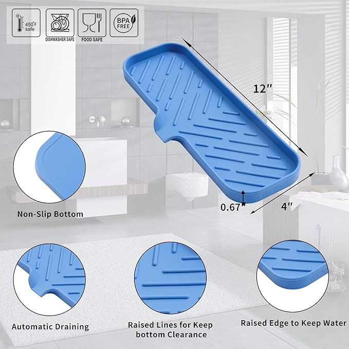 Silicone Bathroom Soap Dishes with Drain Spout-Bathroom and Kitchen Sink Organizer,Sponge Holder,Dish Soap Tray,Perfect for Dispenser,Scrubber,Bottle,Cup on Sink or Counter-Lichen Blue 12"×4"