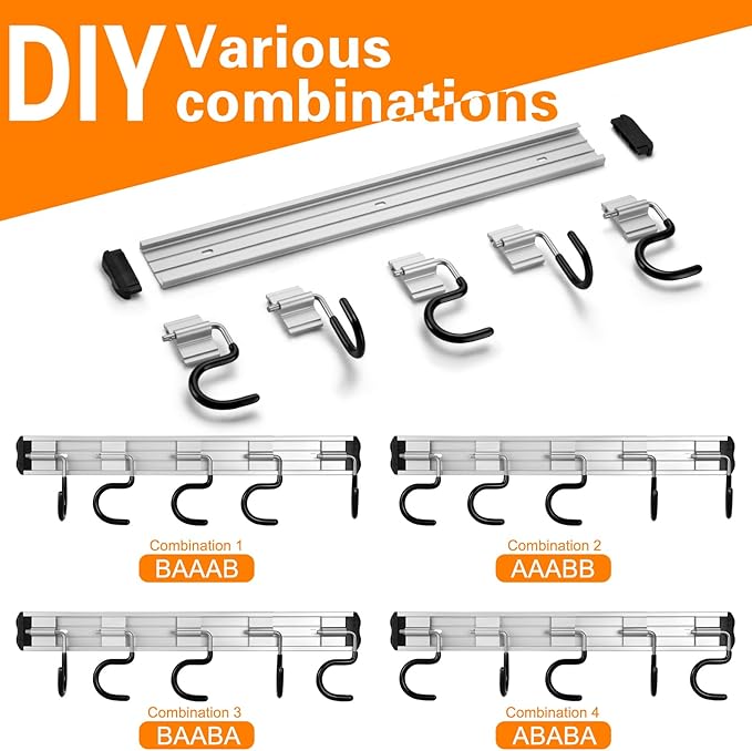 34.5'' Aluminum Alloy Garden Tool Organizer Wall Mount Garage Organizers and Storage with Hooks Tool Hangers for Shed Hooks for Shovel, Rake, Broom & More