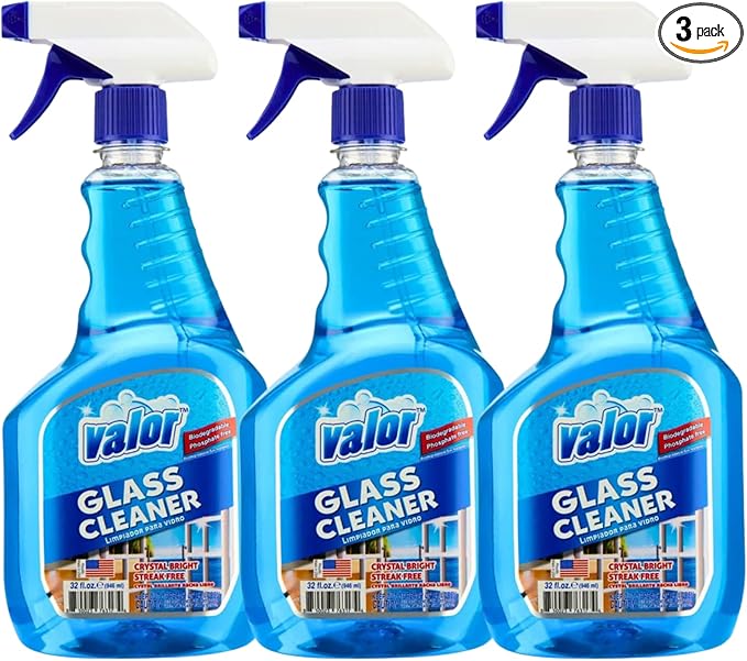 Valor Glass Cleaner Trigger Sprayer – Streak-Free Shine for Glass & Mirrors, 32 fl oz (32 Fl Oz (Pack of 3))