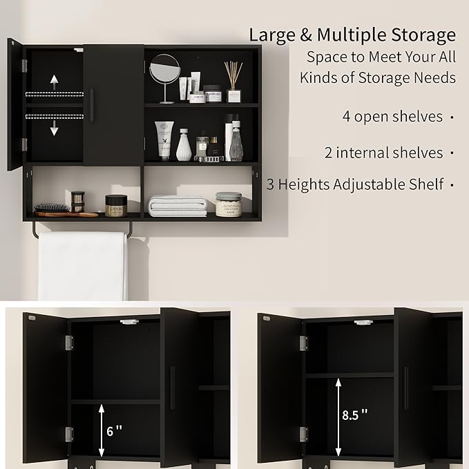 Wooden Bathroom Organizers, Over The Toilet Storage Cabinet with 2 Doors, Adjustable Shelves & Towel Bar, Wall Mounted Medicine Cabinet for Kitchen & Laundry, Black
