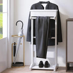 Mens Valet Stand with Top Tray Organizer, Shoe Shelf and Suit Rack, Wooden Clothes Valet Stand for Bedroom Entryway (White)