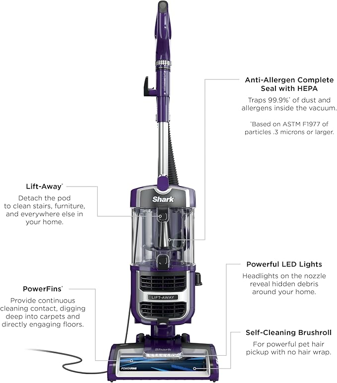 Shark Lift-Away Upright Vacuum with Powerfins, Self-Cleaning Brushroll, Anti-Allergen Complete Seal Technology, No Hair Wrap, LED Headlights, and Advanced Swivel Steering, Eggplant, ZD201