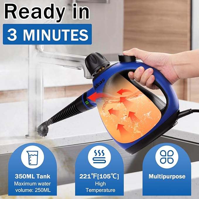 Klona Steam Cleaner, Multi-Purpose Handheld with 10 Accessories for Removing Steam Cleaner for All Dirt, Upholstery Furniture, Sofa, Tiles, Floor, Window, Car, Upholstery, Bathroom