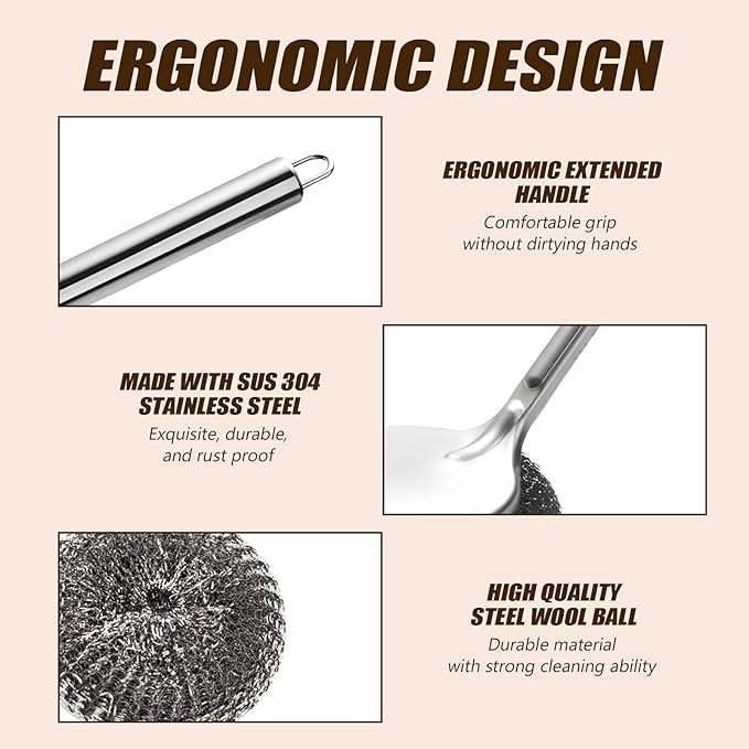 Steel Wool Scrubber with Handle, Cast Iron Scrubber, Stainless Steel Scrubber, with 5 Refills and Long Handle Stainless Pot Brush, Remove Dirt, for Cleaning Stoves, Sinks, Dishes, Grills, Bowls