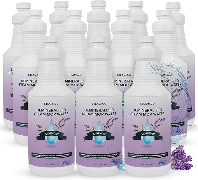 Steam & Go Demineralized Water for Steam Cleaner - PVC-Free Floor Cleaning Solution Compatible for All Steam Mops - Multi-Surface Cleaner for Home Surfaces - Lavender Scent, 32 oz (Pack of 12)
