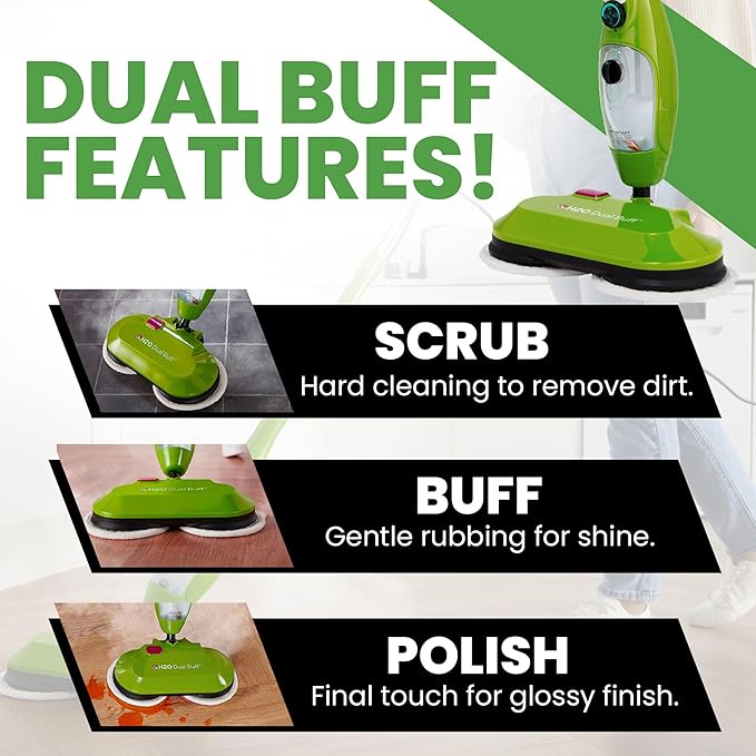 H2O X5 Dual Buff Steam Mop, 8 in 1 Handheld Steam Cleaner For Kitchen Tile Floors, Hardwood Floors, Grout Cleaner, Upholstery Cleaner and Carpets, 2 washable scrub pads, 11 cleaning accessories