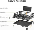 SNTD Dish Drying Rack - Extendable Dish Rack, Large Sink Drying Dish Drainer for Kitchen Counter, Stainless Steel Dish Strainer with Utensil Holder (Black)