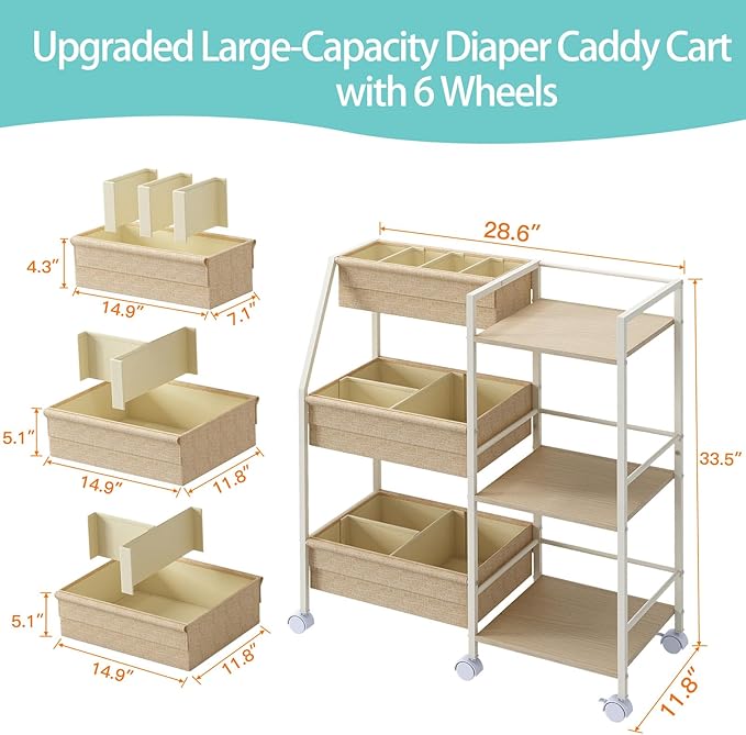Baby Diaper Caddy Organizer Cart, 3-Tier Rolling Wheels Cart with Dividers and Shelves, Bedside Utility Cart for Nursery Essentials, Large Capacity Mobile Storage Cart for Crib, Bedroom
