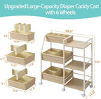 Baby Diaper Caddy Organizer Cart, 3-Tier Rolling Wheels Cart with Dividers and Shelves, Bedside Utility Cart for Nursery Essentials, Large Capacity Mobile Storage Cart for Crib, Bedroom