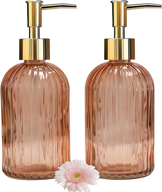 Glass Soap Dispenser with Gold Plastic Pump, 13.5oz Refillable Liquid Hand Soap Dispenser, 2 Pack Crystal Lotion Bottle for Modern Home Decor, Bathroom, Kitchen Countertop, Hotel(Orange)