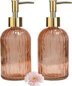 Glass Soap Dispenser with Gold Plastic Pump, 13.5oz Refillable Liquid Hand Soap Dispenser, 2 Pack Crystal Lotion Bottle for Modern Home Decor, Bathroom, Kitchen Countertop, Hotel(Orange)