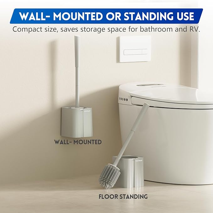 2 Pack Toilet Brush and Holder Set, Silicone Toilet Bowl Scrubber for Bathroom, Hidden and Space Saving Toilet Accessories with Caddy, Wall Mountable. (Grey)