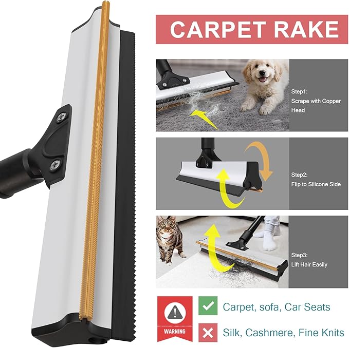 Carpet Rake for Pet Hair Removal - Dual Head Carpet Scraper & Rubber Broom with 50inch Handle for Carpet, Sofa, Car - Pet Hair Remover Tool for Cat & Dog