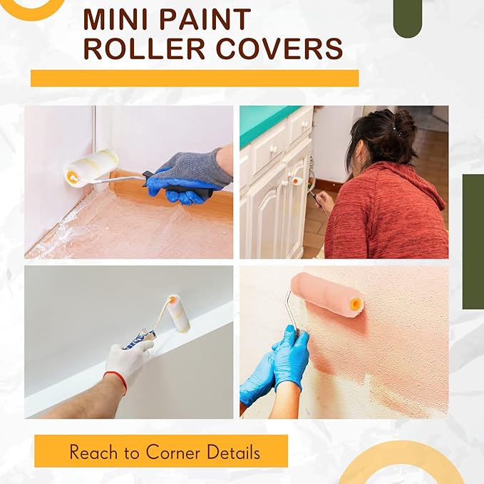 Leumoi 200 Pcs 4 Inch Mini Paint Roller Bulk Small Microfiber Roller Cover 1/2" Nap for Paint Brush for House Painting Supplies DIY Craft Home Wall Repair Tool Kit Set(Yellow)