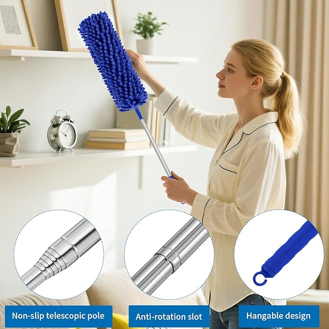 7PCS Dusters for Cleaning, Extendable Microfiber Duster with Extension Pole Up to 100'', Bendable Washable Cleaner Dusters for Cleaning Fan, High Ceiling, Blinds, Furniture, Car