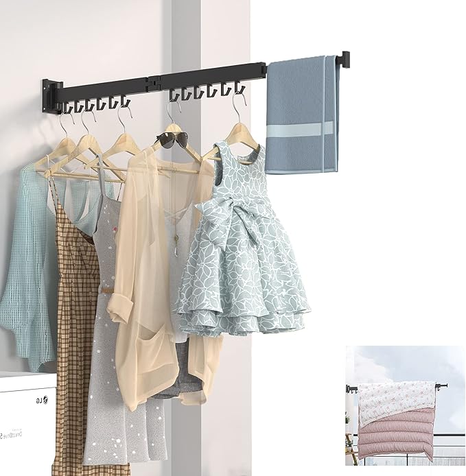 PLKO Retractable Clothes Drying Rack,Wall Mounted Clothes Hangers，Space Saver Laundry Drying Rack for Balcony,Laundry,Bathroom,Patio and Bedroom (2-Pole Black)
