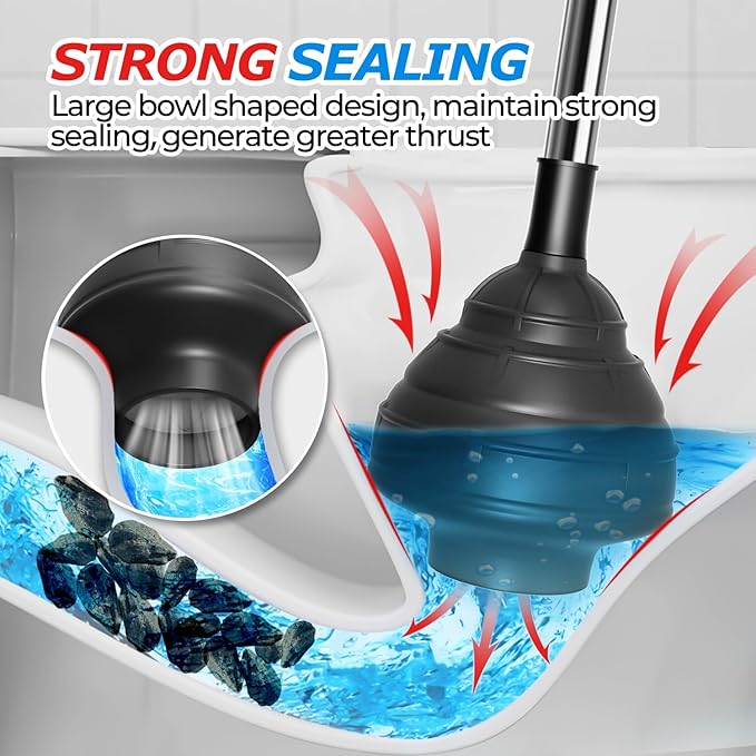 Heavy Duty Toilet Plunger - Powerful Clog Removal,Plungers for Bathroom,Bathroom Accessories,Cleaning Supplies,Home Essentials,Bathroom Decor,Toilet Bowl Cleaners,Black