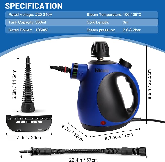 Klona Handheld Steam Cleaner, Steam Cleaner for Home with 10 Accessory Kit, Multipurpose Portable Upholstery Steamer Cleaning with Safety Lock to Remove Grime, Grease, and More